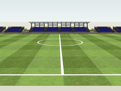 Soccer Field With Green Grass White Lines Center Circle And Blue Seats In Stands 3d model