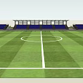 Soccer Field With Green Grass White Lines Center Circle And Blue Seats In Stands