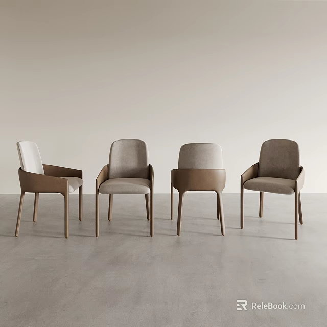 Modern Minimalist Dining Chairs with Light Gray Upholstered Seats Brown Wooden Frames and Backrest Armrests 3d model 