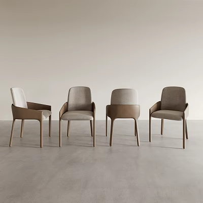 Modern Minimalist Dining Chairs with Light Gray Upholstered Seats Brown Wooden Frames and Backrest Armrests 3d model