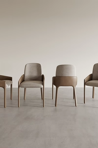 Modern Minimalist Dining Chairs with Light Gray Upholstered Seats Brown Wooden Frames and Backrest Armrests 3d model