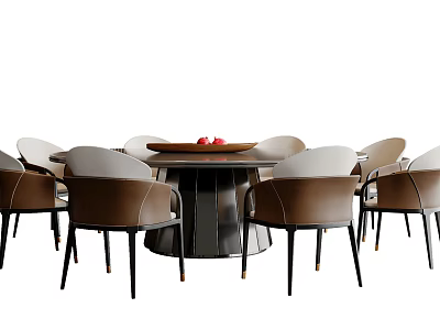 Modern Round Dining Table Set With Brown Leather Chairs And Tray Of Red Fruits 3d model