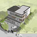 Modern Two Story Detached Villa With Black Roof White Exterior And Surrounding Greenery