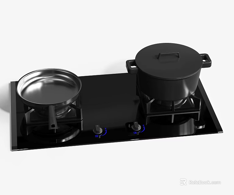Black Kitchen Gas Stove With Two Burners Silver Pan And Black Cooking Pot 3d model 