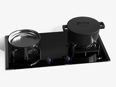 Black Kitchen Gas Stove With Two Burners Silver Pan And Black Cooking Pot 3d model