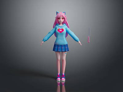 Game Character With Pink Hair Cat Ears Blue Sweater Red Heart And Pink Knife 3d model