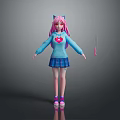 Game Character With Pink Hair Cat Ears Blue Sweater Red Heart And Pink Knife