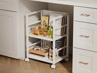 White Rolling Kitchen Shelf With Decorative Items Combination Glass Jar Books Pear On Wooden Floor 3d model