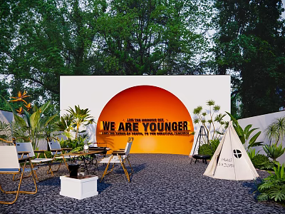 Feature Wall With Orange Circle Text Surrounded By Plants Tables Chairs And Teepee In Garden 3d model