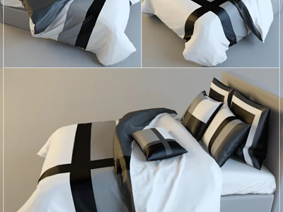 Double Bed With Black And White Striped Bedding And Decorative Pillows 3d model
