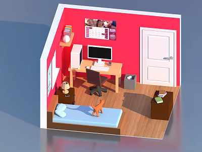 Cartoon Room Interior with Pink Walls Blue Bed Orange Cat Desk Computer and White Door 3d model