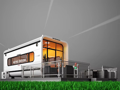 Modern Design Caravan With Glass Windows Deck And Green Grass Area 3d model
