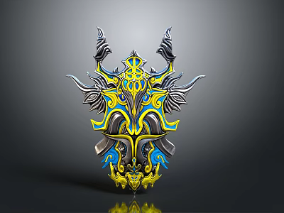 Ornate Decorative Shield With Yellow Blue Black Symmetric Patterns And Metallic Texture 3d model