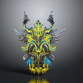 Ornate Decorative Shield With Yellow Blue Black Symmetric Patterns And Metallic Texture