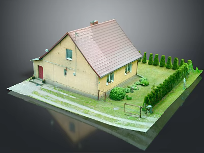 Cartoon Style House With Yellow Exterior Red Roof And Green Lawn Pathway Trimmed Hedges 3d model