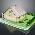 Cartoon Style House With Yellow Exterior Red Roof And Green Lawn Pathway Trimmed Hedges