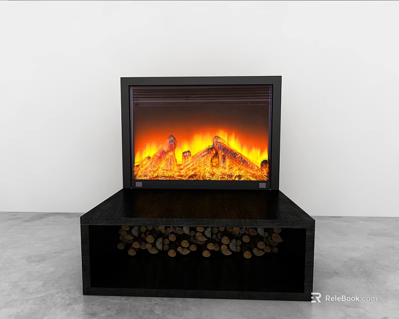 Modern Fireplace With Realistic Flame Effect And Wood Storage Base 3d model 