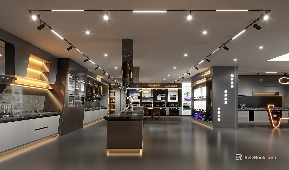 Modern Showroom Interior With Bright Lighting And Display Counters For Products 3d model