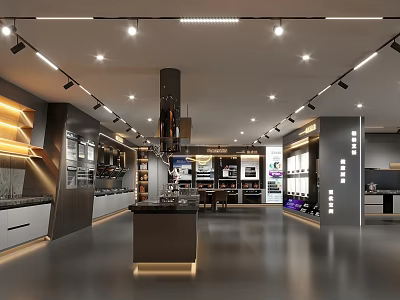 Modern Showroom Interior With Bright Lighting And Display Counters For Products 3d model