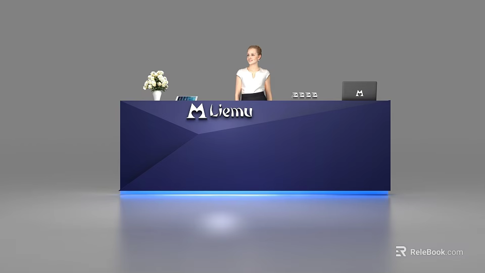 Modern Blue Liemu Reception Desk With White Flowers Laptop And Standing Woman 3d model 
