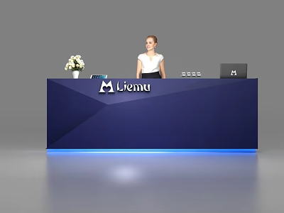 Modern Blue Liemu Reception Desk With White Flowers Laptop And Standing Woman 3d model