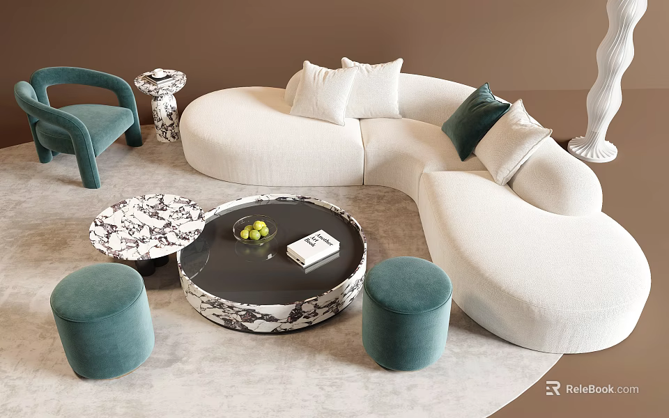 Modern White Curved Sofa Coffee Table Set With Green Pillows Round Table And Living Room Ottoman 3d model 
