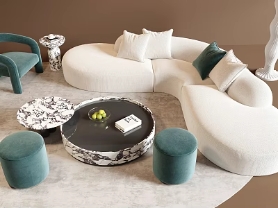Modern White Curved Sofa Coffee Table Set With Green Pillows Round Table And Living Room Ottoman 3d model