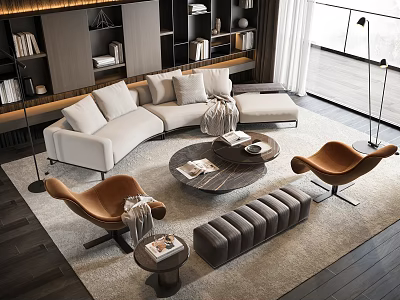 Elegant Modern White Sofa And Round Coffee Table Set With Brown Armchairs Rug And Bookshelves 3d model