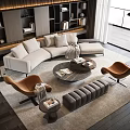 Elegant Modern White Sofa And Round Coffee Table Set With Brown Armchairs Rug And Bookshelves