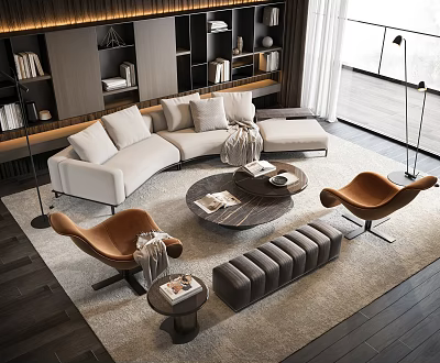 Elegant Modern White Sofa And Round Coffee Table Set With Brown Armchairs Rug And Bookshelves 3d model