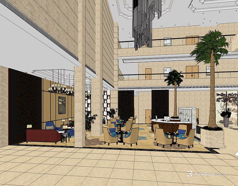 Modern Sales Office Interior With Reception Area Palm Trees And Comfortable Furniture 3d model 