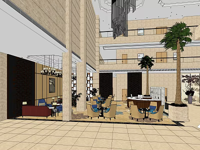 Modern Sales Office Interior With Reception Area Palm Trees And Comfortable Furniture 3d model