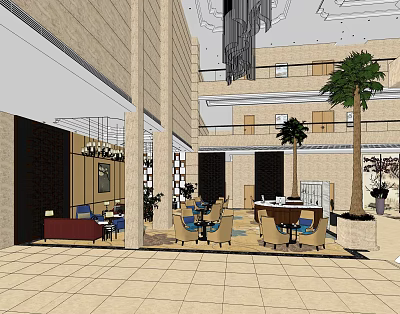 Modern Sales Office Interior With Reception Area Palm Trees And Comfortable Furniture 3d model