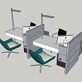 Modern Office Desk Setup With Partition Computer Green Chairs And Desk Lamp 3d model