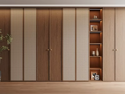 Modern Wooden Wardrobe Interior Design With Lattice Doors And Open Shelves 3d model