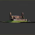 Cartoon Scenic Red Brick Castle Ruins With Towers On Green Grass Aerial View