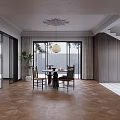 Elegant Living Dining Room Interior With Decorative Ceiling Dark Wooden Furniture Leather Sofa Herringbone Floor