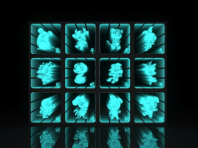Mirror Displaying Glowing Blue Cartoon Characters in Grid Design with Reflections 3d model