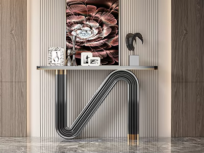 Modern Console Table With Curved Metal Base And Large Floral Artwork Decorative Sculpture 3d model