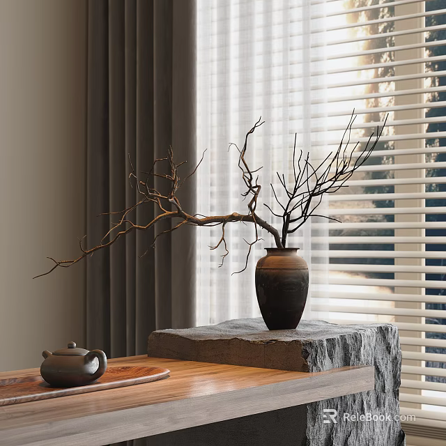 Ceramic Vase With Dried Branches Placed On Stone Pedestal By Window 3d model 