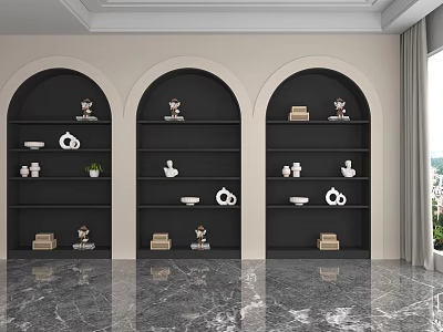 Three Black Arched Display Shelves Featuring Vases Sculptures On Light Colored Walls Marble Floor 3d model