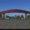Red Arched Entrance Gate With Stone Columns Paved Square And Rock Formation Under Blue Sky