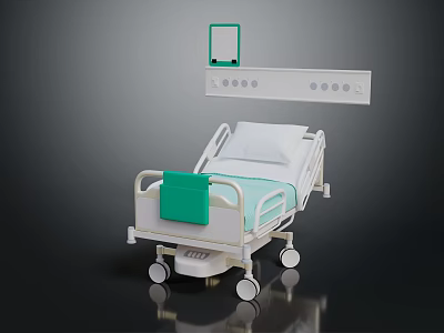 Hospital Bed Medical Equipment with Adjustable Features Control Panel Wheels and Green Mattress 3d model