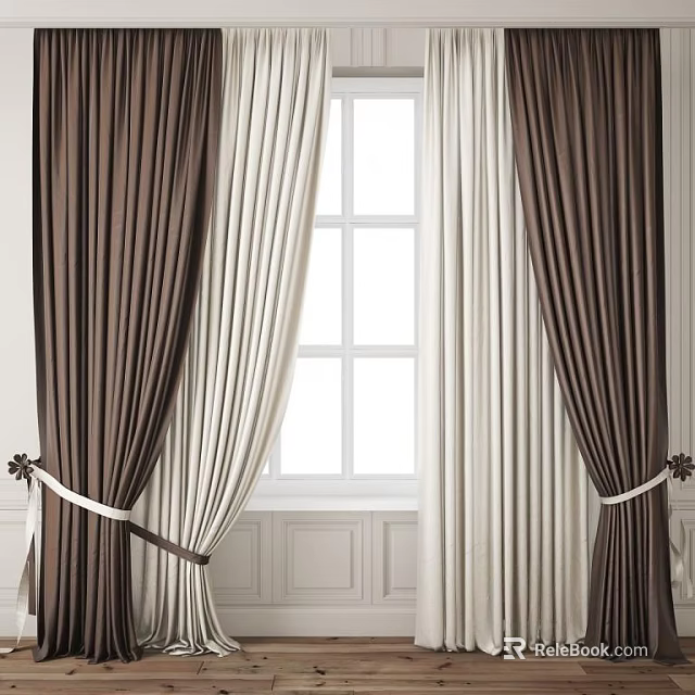 Brown And White Window Curtains With Tie Backs For Elegant Home Decoration 3d model 