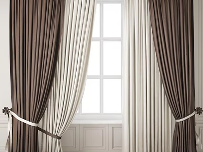 Brown And White Window Curtains With Tie Backs For Elegant Home Decoration 3d model