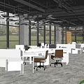 Public Office Space Open Layout With Wooden Ceiling Pendant Lights Green Plants And Bar Counter
