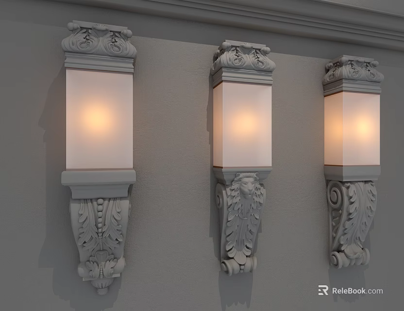 Classical Carved Wall Lamps With White Shades Illuminated On Gray Wall 3d model 