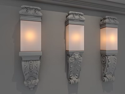 Classical Carved Wall Lamps With White Shades Illuminated On Gray Wall 3d model