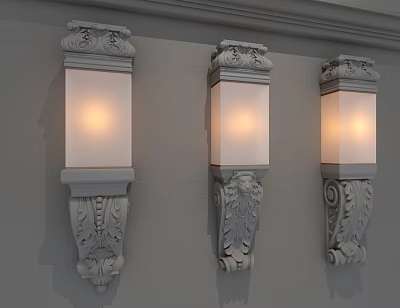 Classical Carved Wall Lamps With White Shades Illuminated On Gray Wall 3d model