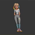 3D Character With Pink Rainbow Hair In Gray Jumpsuit And Yellow Flower Pattern